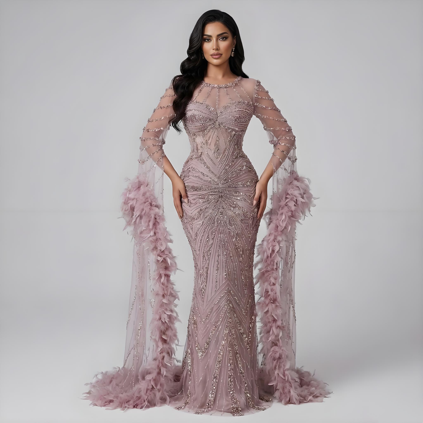 Luxury Modest Pink Feathers Long Cape Sleeves Mermaid Evening Dress LA72708A - SERENE HILL