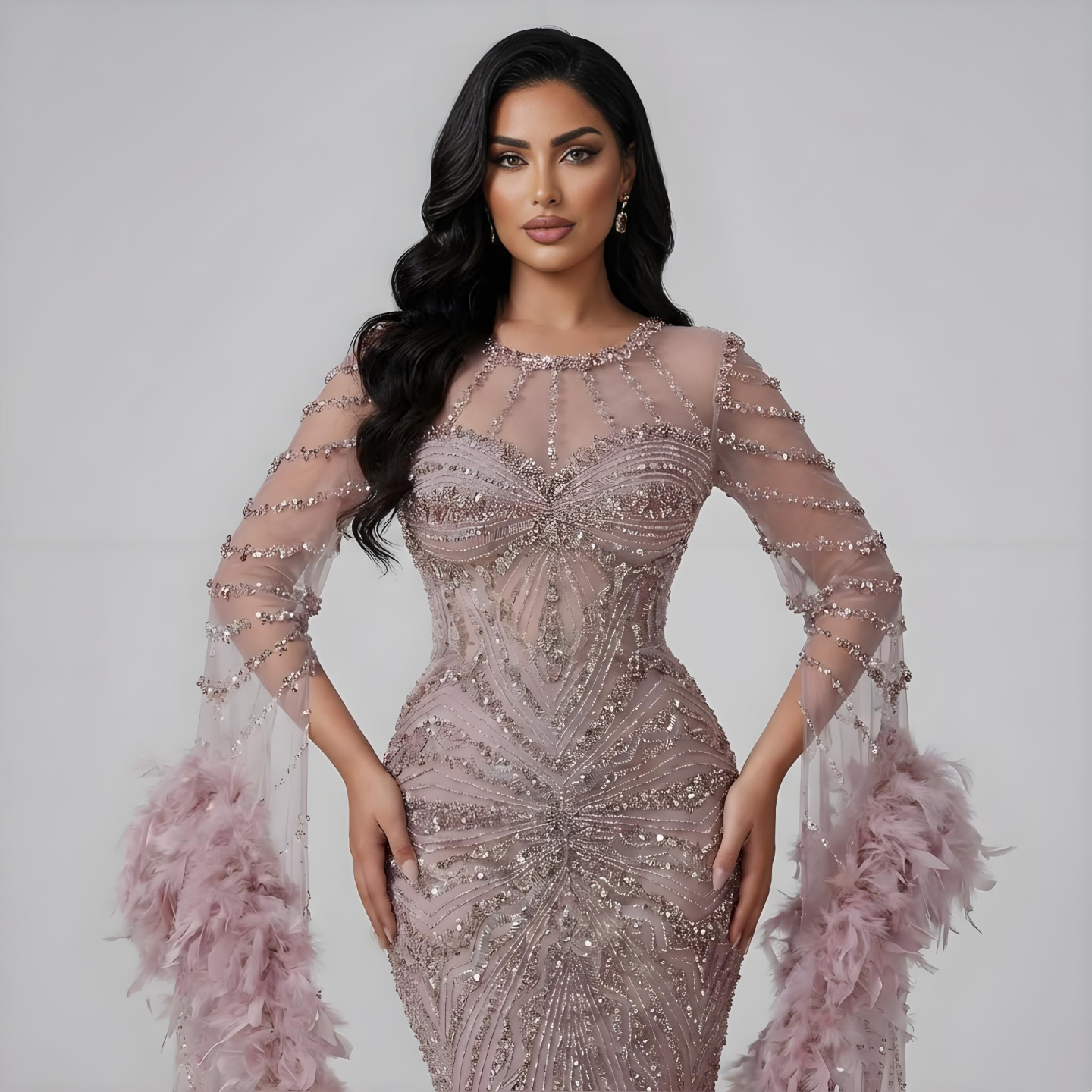 Luxury Modest Pink Feathers Long Cape Sleeves Mermaid Evening Dress LA72708A - SERENE HILL