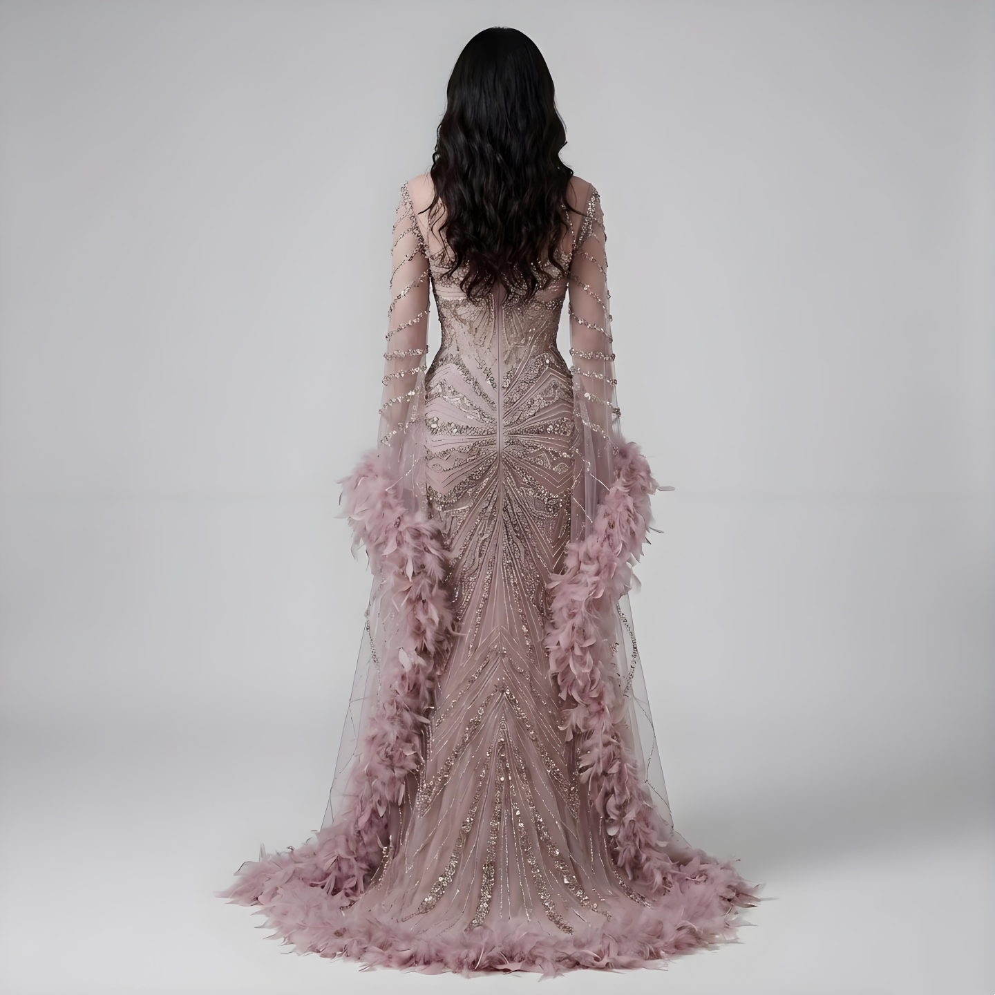 Luxury Modest Pink Feathers Long Cape Sleeves Mermaid Evening Dress LA72708A - SERENE HILL