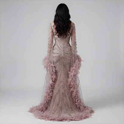 Luxury Modest Pink Feathers Long Cape Sleeves Mermaid Evening Dress LA72708A - SERENE HILL