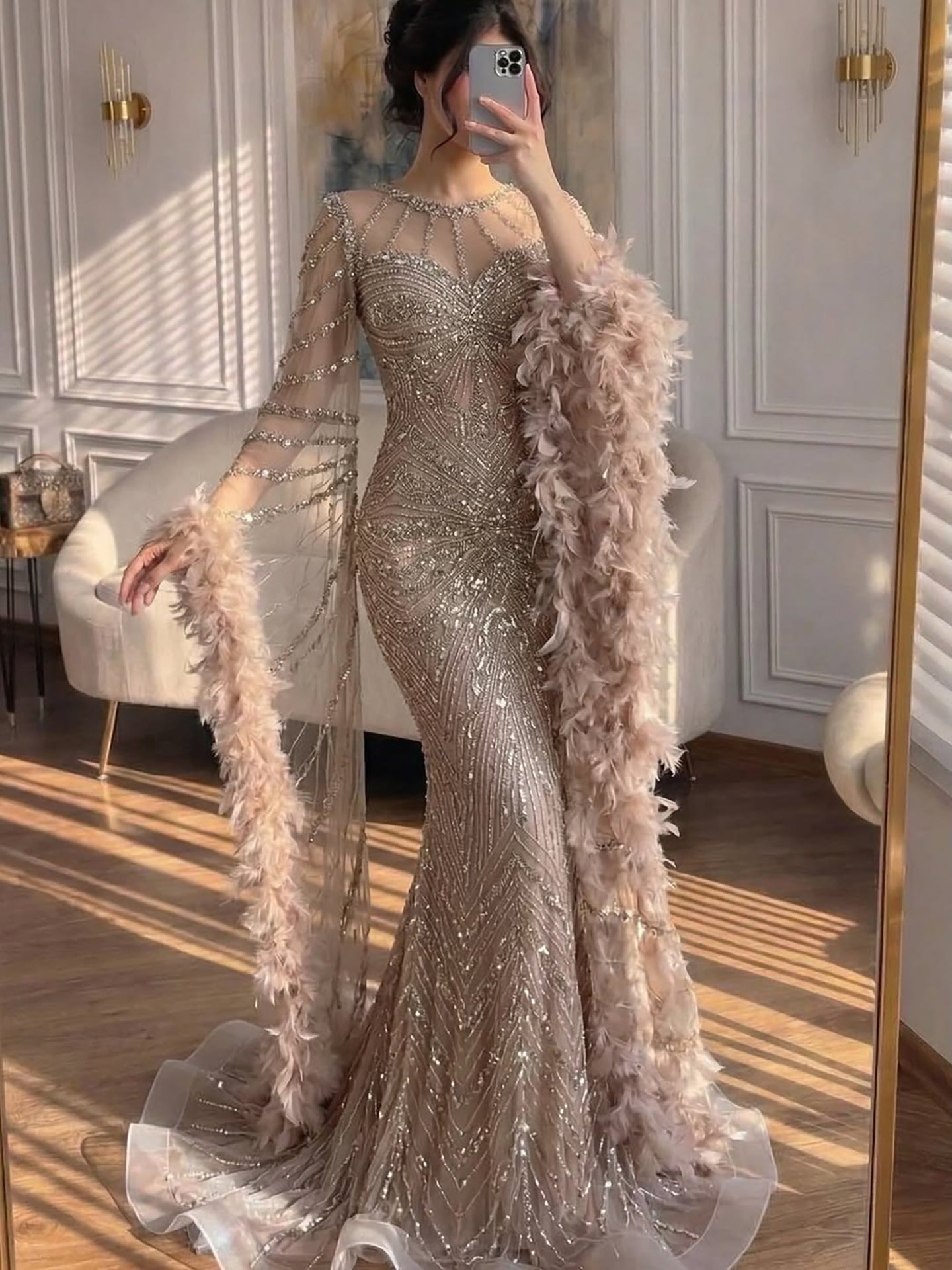 Luxury Modest Pink Feathers Long Cape Sleeves Mermaid Evening Dress LA72708A