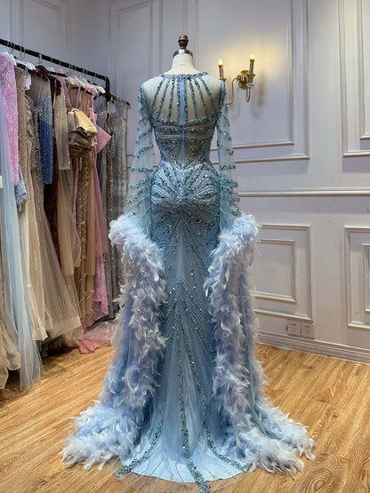 Luxury Blue Feather Beaded Illusion Long Sleeve Evening Dress LA72708B