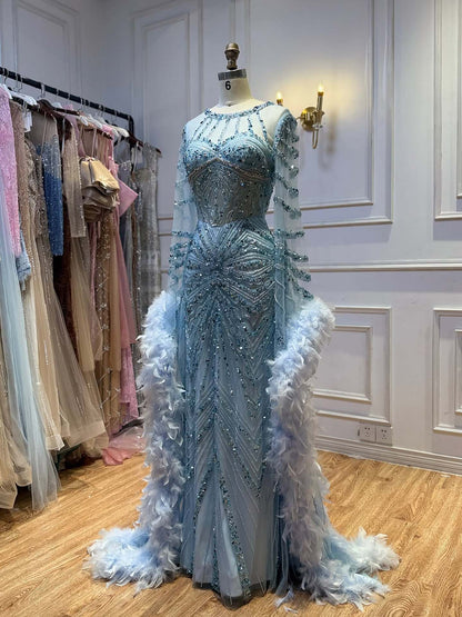 Luxury Blue Feather Beaded Illusion Long Sleeve Evening Dress LA72708B
