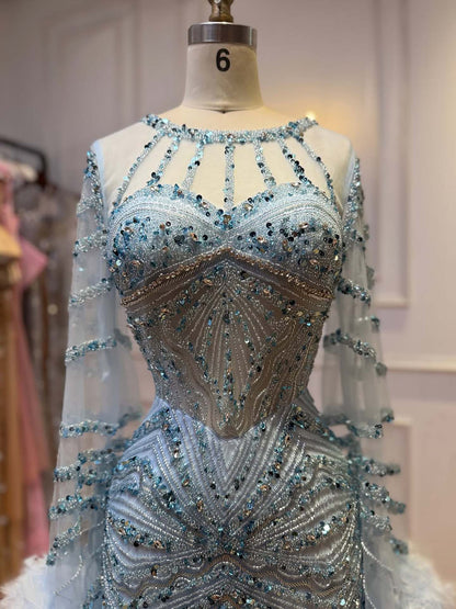 Luxury Blue Feather Beaded Illusion Long Sleeve Evening Dress LA72708B