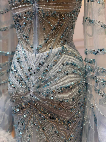 Luxury Blue Feather Beaded Illusion Long Sleeve Evening Dress LA72708B