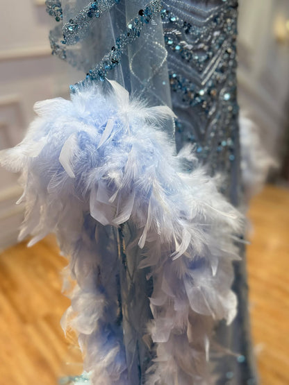 Luxury Blue Feather Beaded Illusion Long Sleeve Evening Dress LA72708B