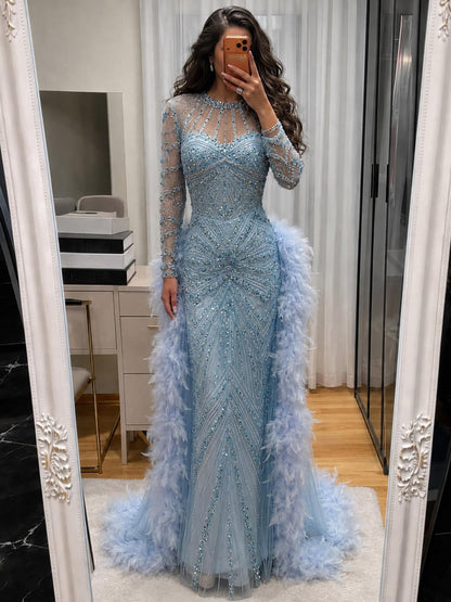 Luxury Blue Feather Beaded Illusion Long Sleeve Evening Dress LA72708B