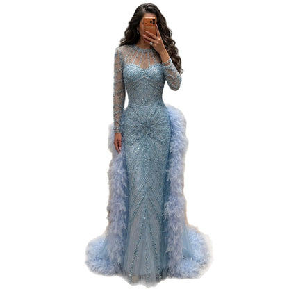 Luxury Blue Feather Beaded Illusion Long Sleeve Evening Dress LA72708B