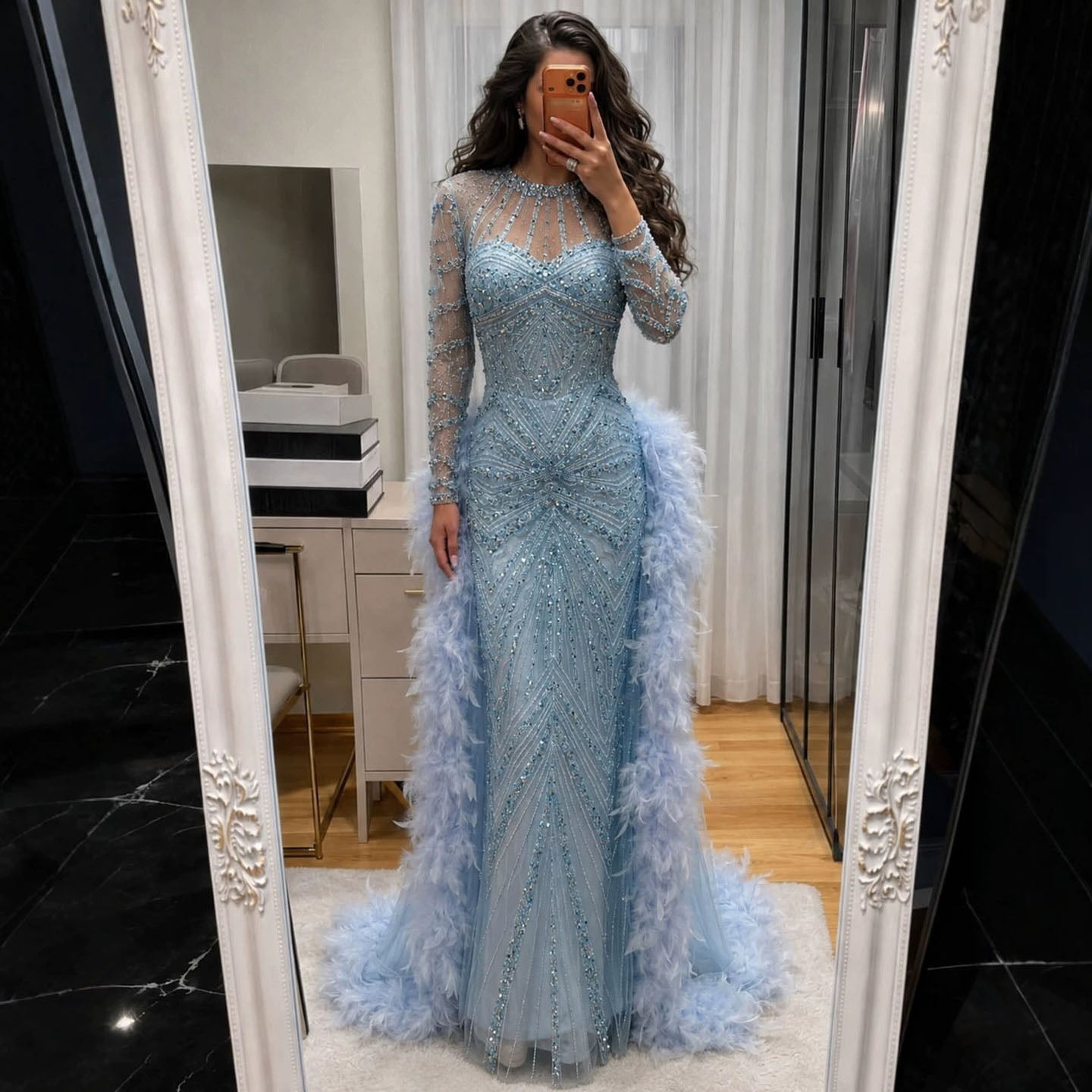 Luxury Blue Feather Beaded Illusion Long Sleeve Evening Dress LA72708B