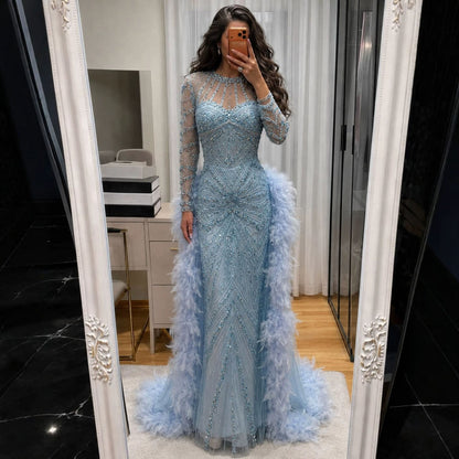 Luxury Blue Feather Beaded Illusion Long Sleeve Evening Dress LA72708B