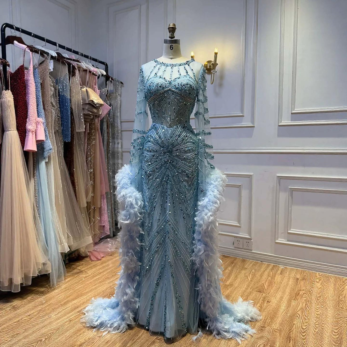 Luxury Modest Blue Feather Beaded Illusion Long Sleeve Evening Dress LA72708B