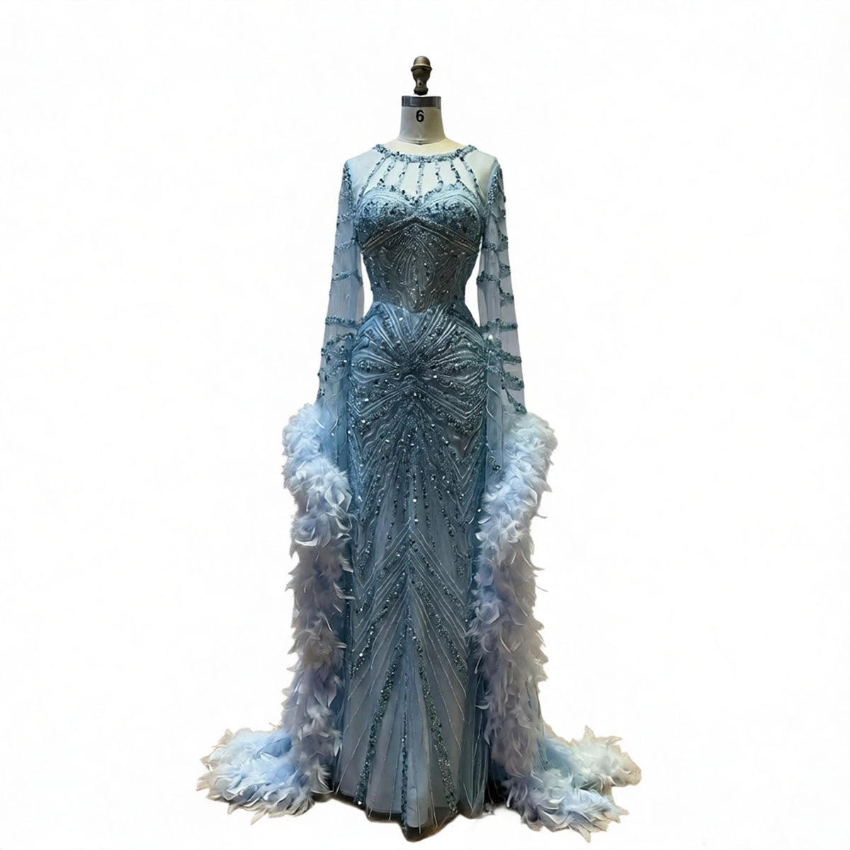 Luxury Modest Blue Feather Beaded Illusion Long Sleeve Evening Dress LA72708B