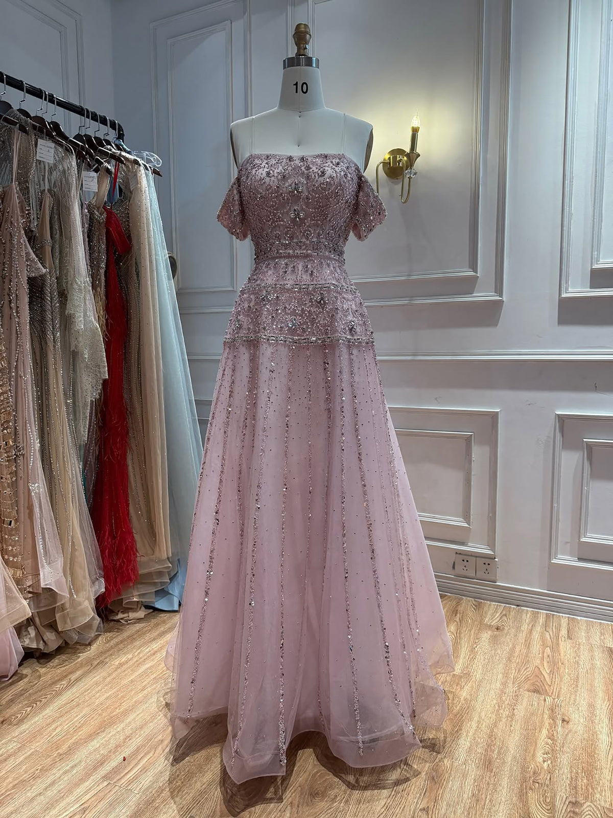 Luxury Caramel Off The Shoulder A-Line Beaded Evening Dress LA72709