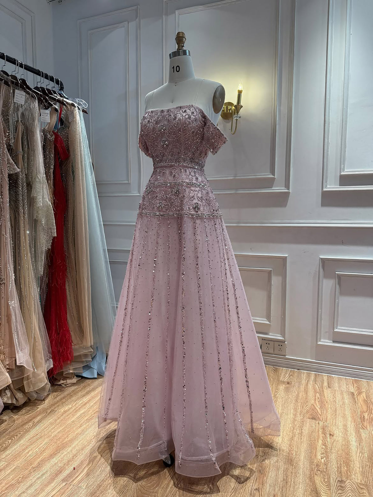 Luxury Caramel Off The Shoulder A-Line Beaded Evening Dress LA72709