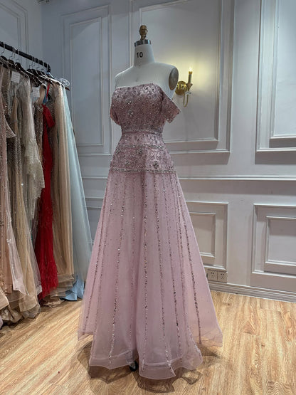 Luxury Caramel Off The Shoulder A-Line Beaded Evening Dress LA72709