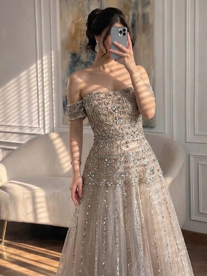 Luxury Caramel Off The Shoulder A-Line Beaded Evening Dress LA72709