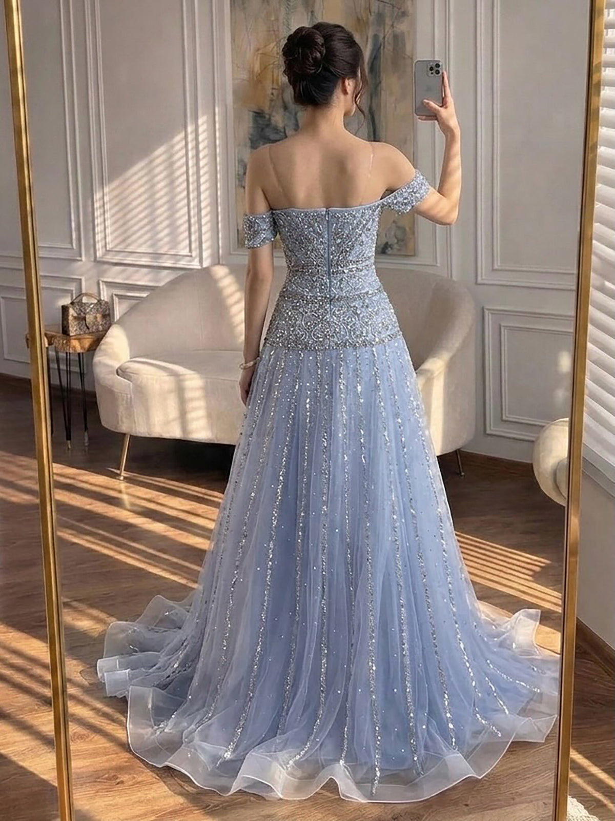 Luxury Caramel Off The Shoulder A-Line Beaded Evening Dress LA72709 SERENE HILL