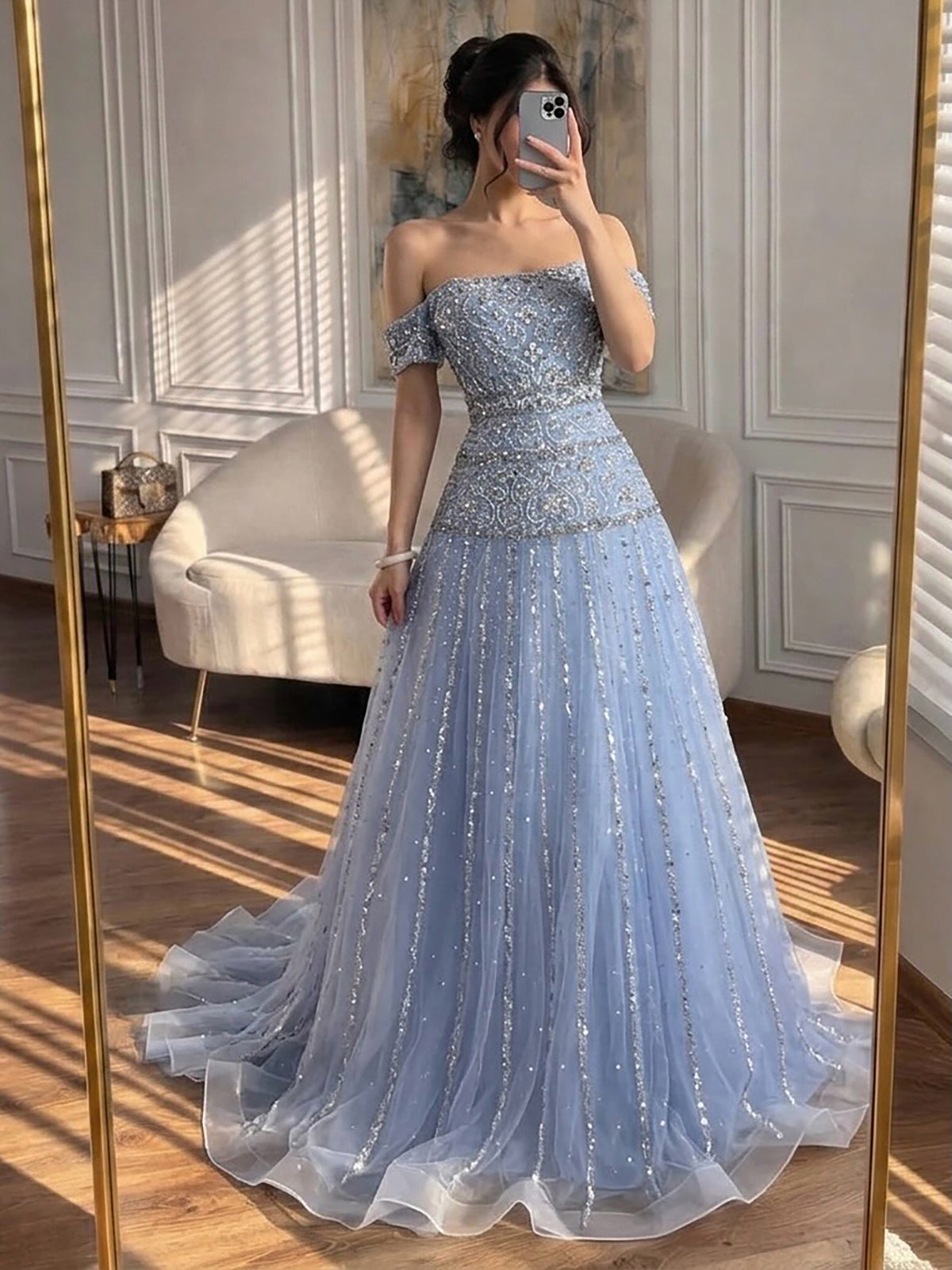 Luxury Caramel Off The Shoulder A-Line Beaded Evening Dress LA72709 SERENE HILL