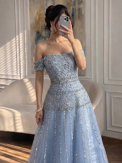 Luxury Caramel Off The Shoulder A-Line Beaded Evening Dress LA72709 SERENE HILL