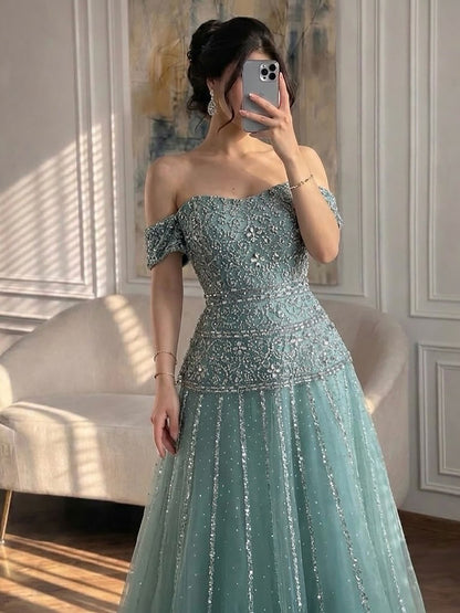 Luxury Caramel Off The Shoulder A-Line Beaded Evening Dress LA72709