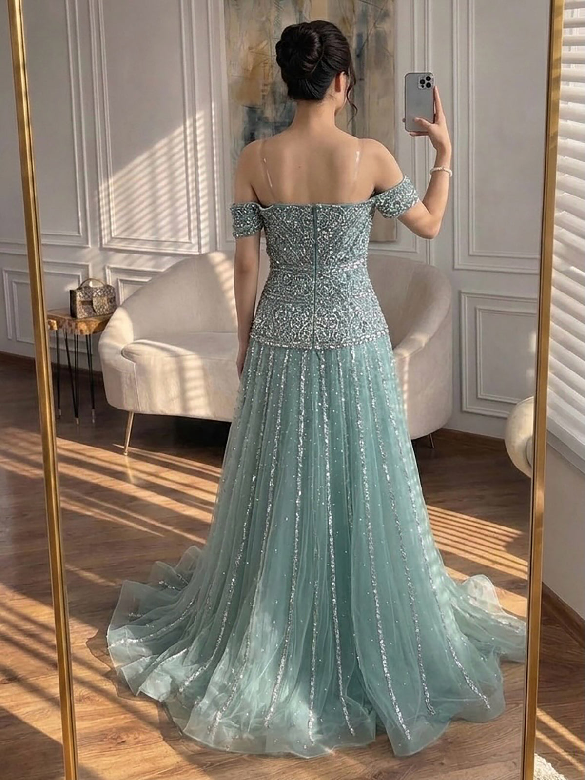 Luxury Caramel Off The Shoulder A-Line Beaded Evening Dress LA72709
