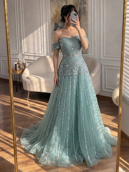 Luxury Caramel Off The Shoulder A-Line Beaded Evening Dress LA72709