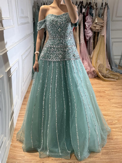 Luxury Caramel Off The Shoulder A-Line Beaded Evening Dress LA72709