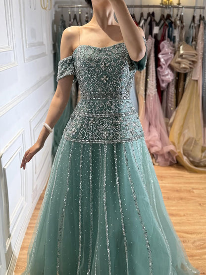 Luxury Caramel Off The Shoulder A-Line Beaded Evening Dress LA72709