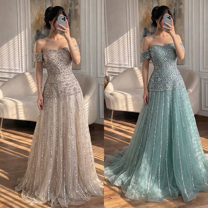 Luxury Caramel Off The Shoulder A-Line Beaded Evening Dress LA72709