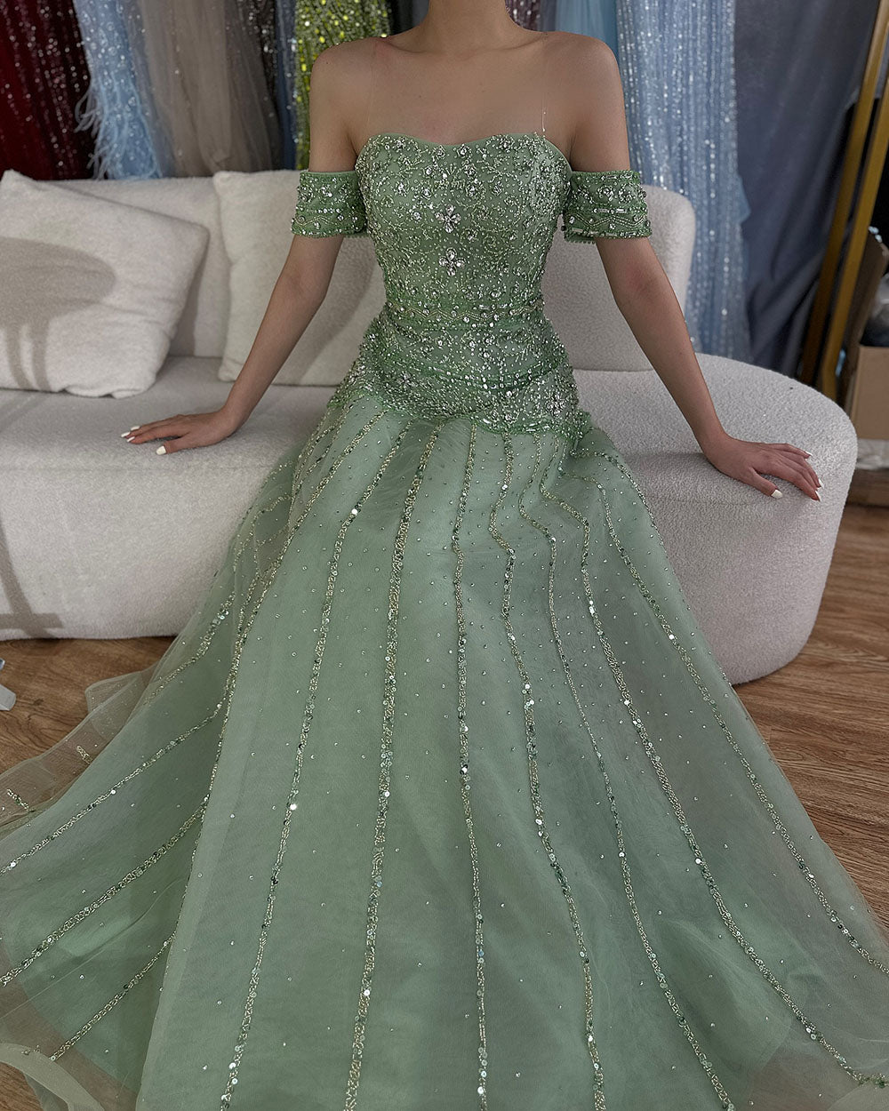 Luxury Caramel Off The Shoulder A-Line Beaded Evening Dress LA72709