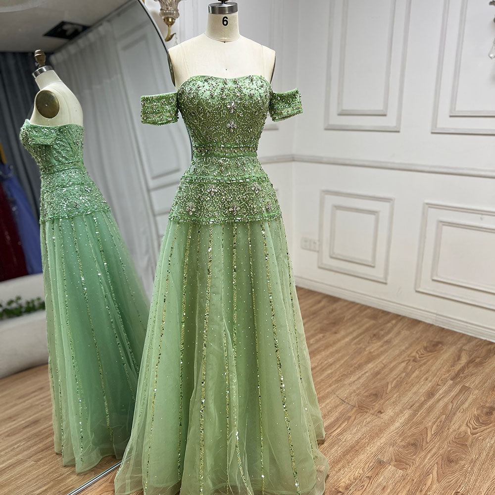 Luxury Caramel Off The Shoulder A-Line Beaded Evening Dress LA72709
