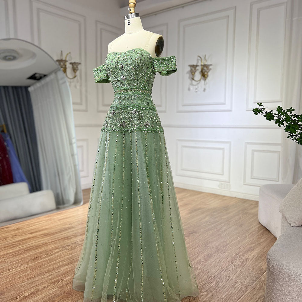 Luxury Caramel Off The Shoulder A-Line Beaded Evening Dress LA72709