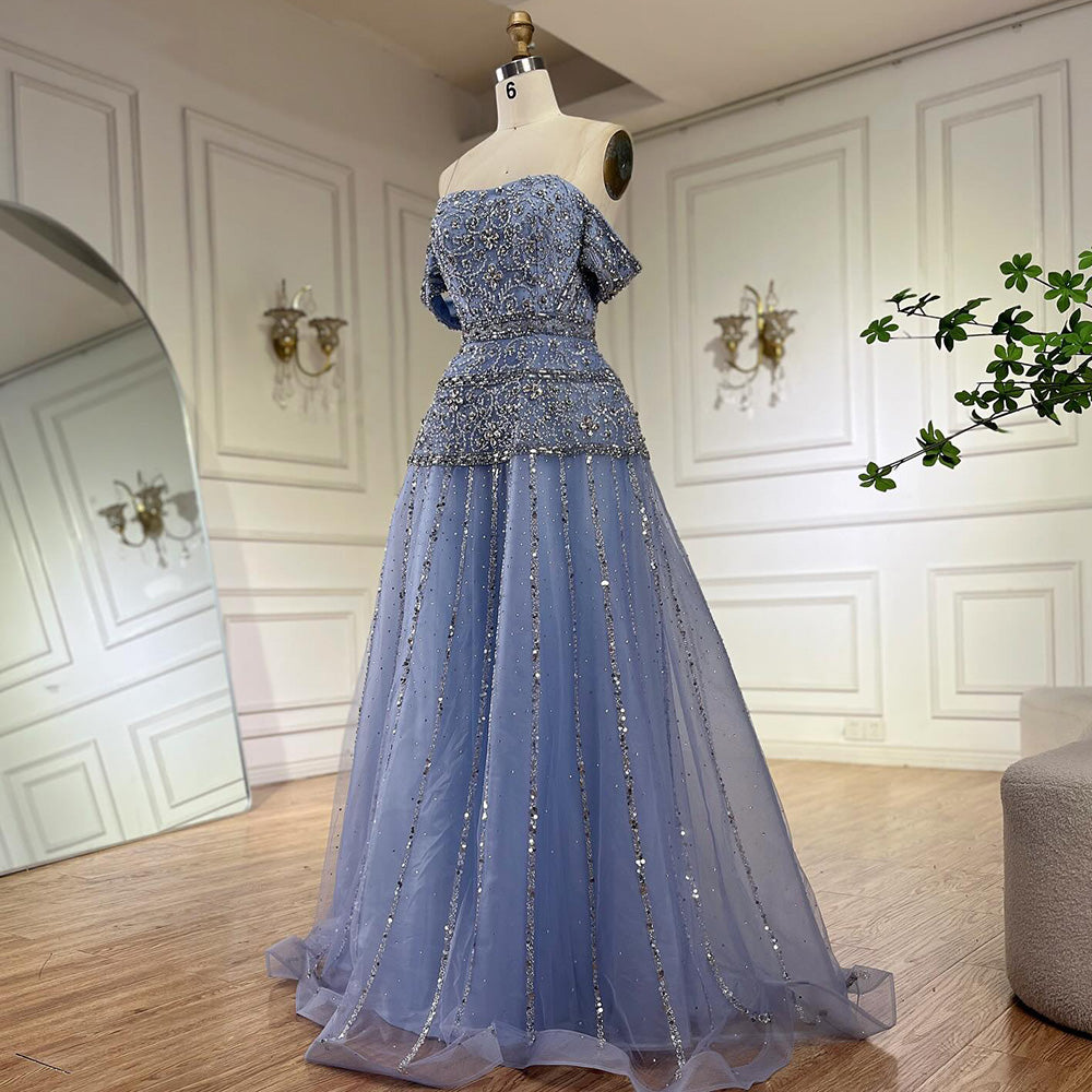 Luxury Caramel Off The Shoulder A-Line Beaded Evening Dress LA72709