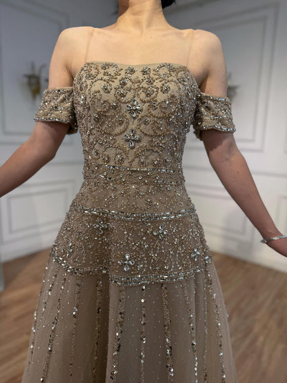 Luxury Caramel Off The Shoulder A-Line Beaded Evening Dress LA72709