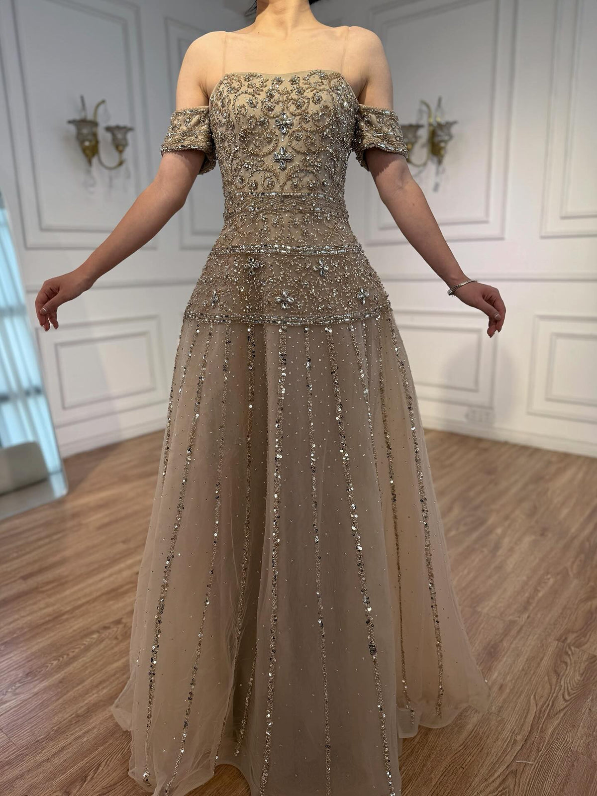 Luxury Caramel Off The Shoulder A-Line Beaded Evening Dress LA72709