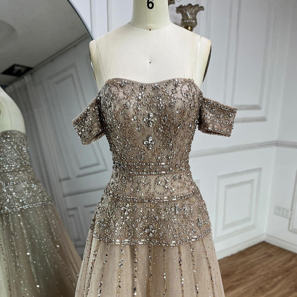 Luxury Caramel Off The Shoulder A-Line Beaded Evening Dress LA72709