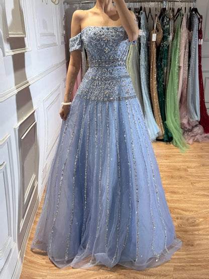 Luxury Caramel Off The Shoulder A-Line Beaded Evening Dress LA72709 SERENE HILL