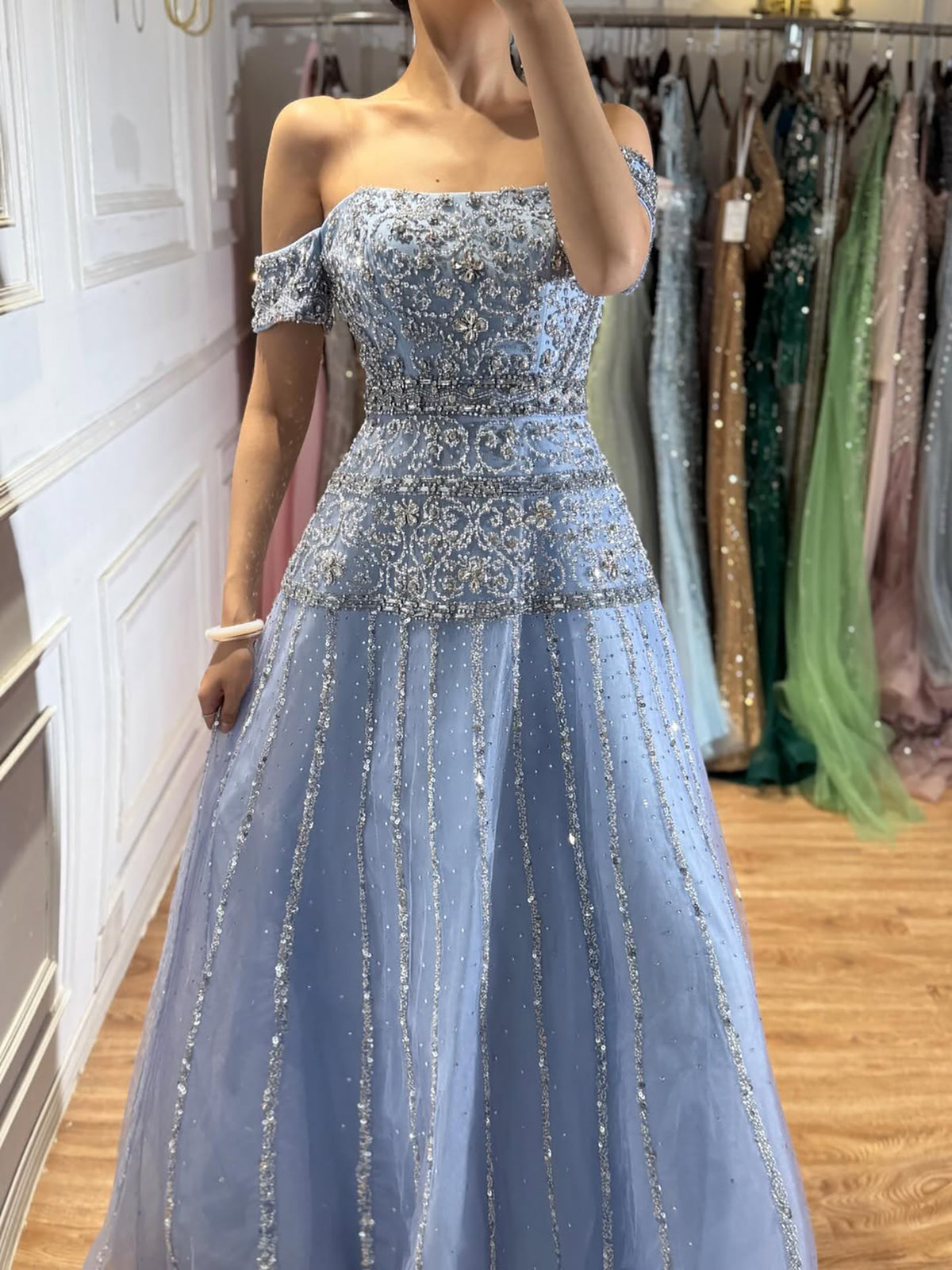 Luxury Caramel Off The Shoulder A-Line Beaded Evening Dress LA72709 SERENE HILL