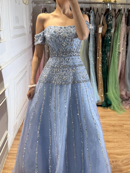 Luxury Caramel Off The Shoulder A-Line Beaded Evening Dress LA72709 SERENE HILL