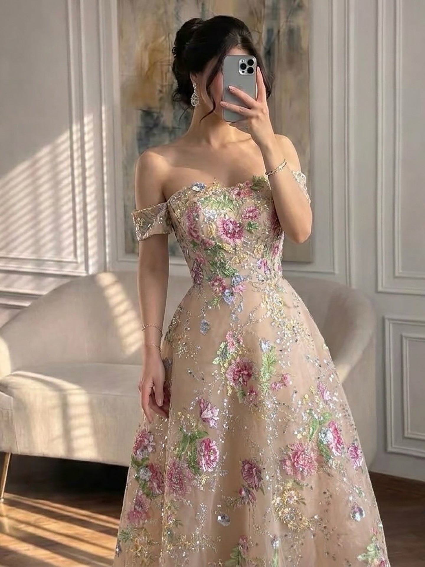 Luxury Nude Pink Off The Shoulder Floral Beaded A Line Dress LA72709A SERENE HILL