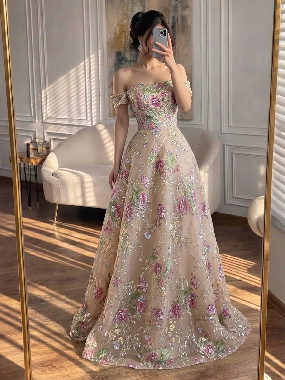 Luxury Nude Pink Off The Shoulder Floral Beaded A Line Dress LA72709A SERENE HILL