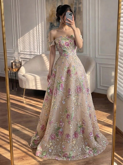Luxury Nude Pink Off The Shoulder Floral Beaded A Line Dress LA72709A SERENE HILL