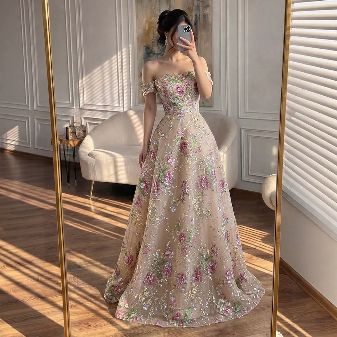 Luxury Nude Pink Off The Shoulder Floral Beaded A Line Dress LA72709A SERENE HILL