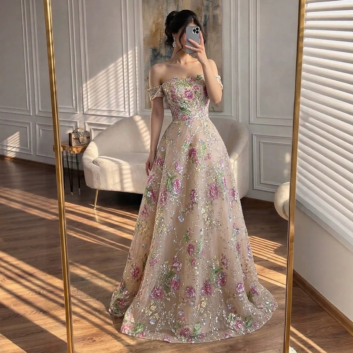 Luxury Nude Pink Off The Shoulder Floral Beaded A Line Dress LA72709A SERENE HILL
