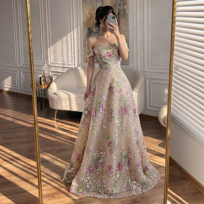 Luxury Nude Pink Off The Shoulder Floral Beaded A Line Dress LA72709A SERENE HILL