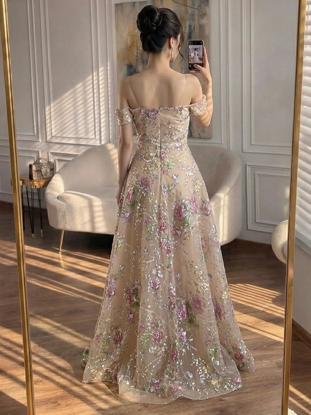 Luxury Nude Pink Off The Shoulder Floral Beaded A Line Dress LA72709A SERENE HILL