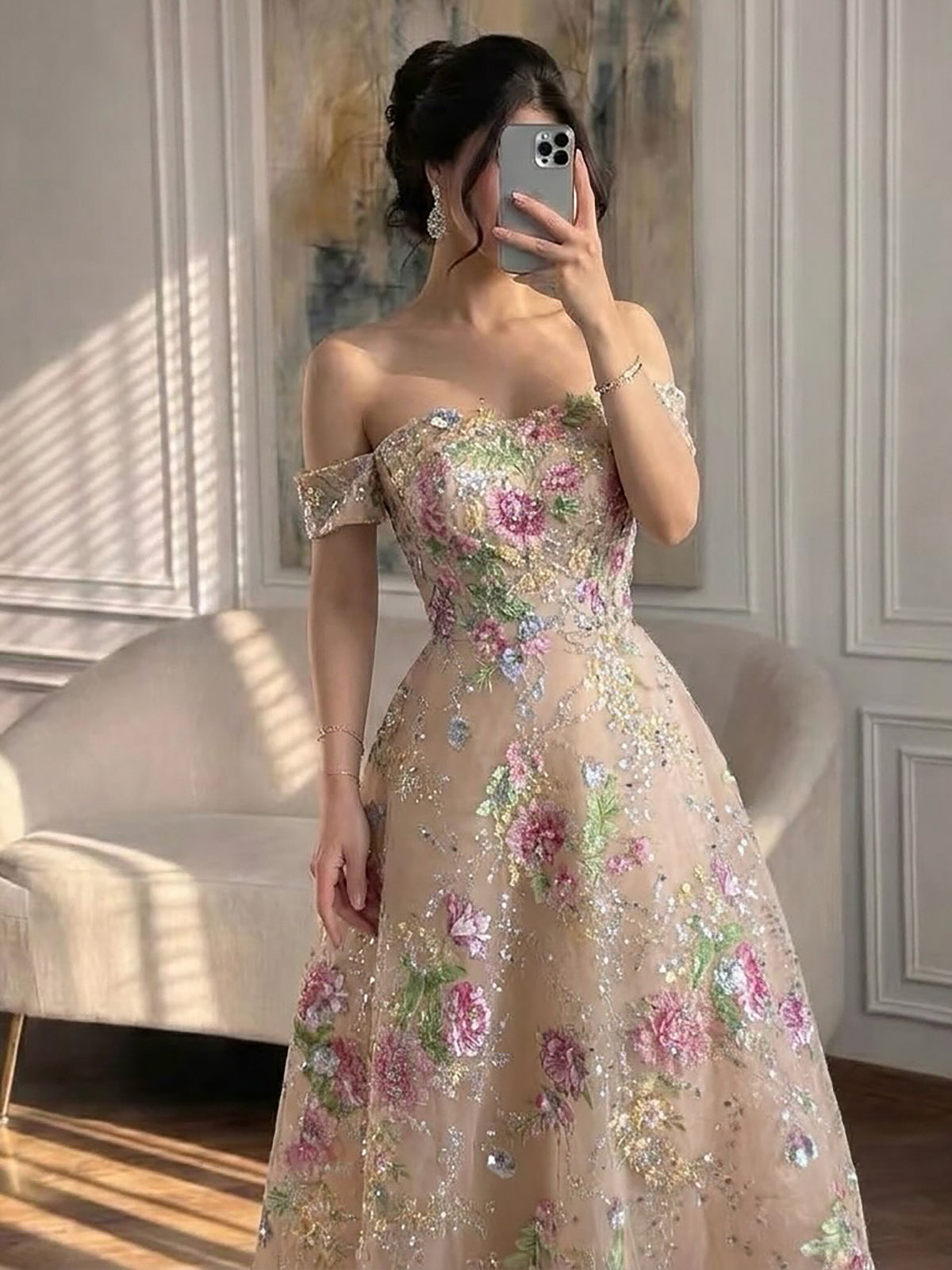 Luxury Nude Pink Off The Shoulder Floral Beaded A Line Dress LA72709A SERENE HILL