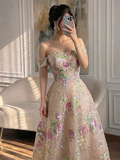 Luxury Nude Pink Off The Shoulder Floral Beaded A Line Dress LA72709A SERENE HILL