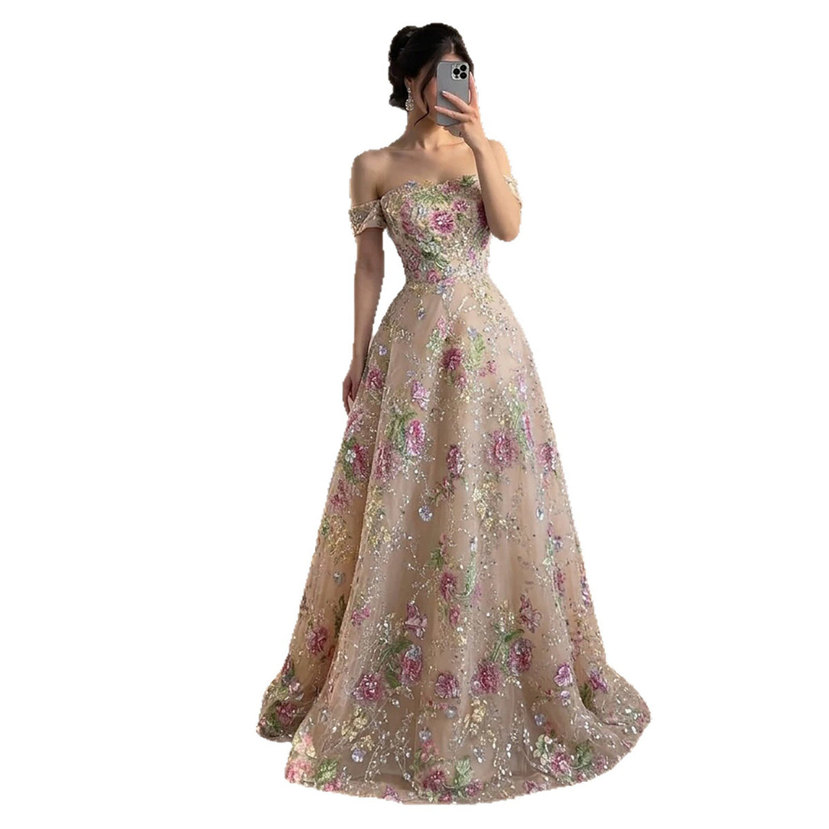 Luxury Nude Pink Off The Shoulder Floral Beaded A Line Dress LA72709A SERENE HILL