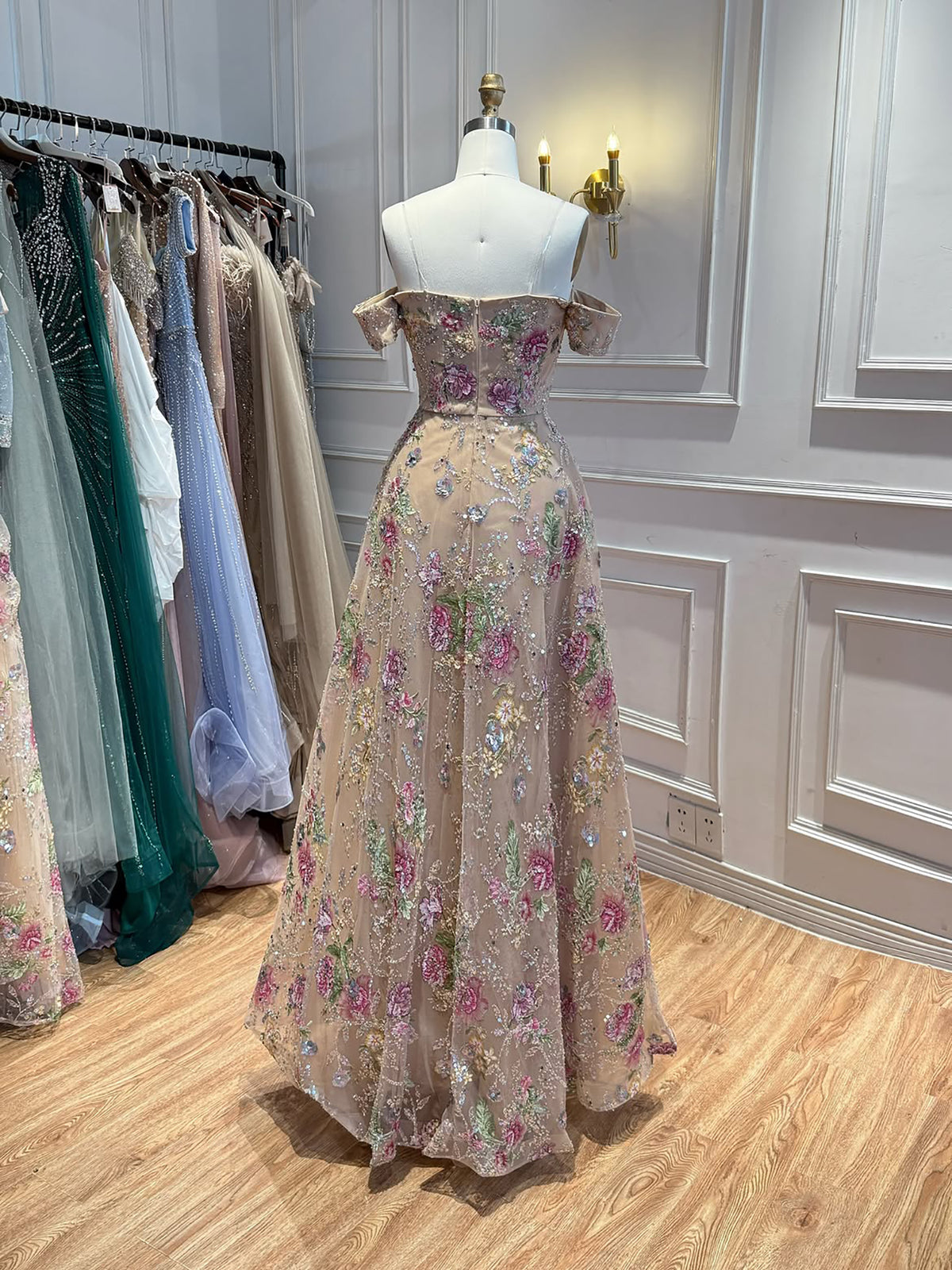 Luxury Nude Pink Off The Shoulder Floral Beaded A Line Dress LA72709A SERENE HILL
